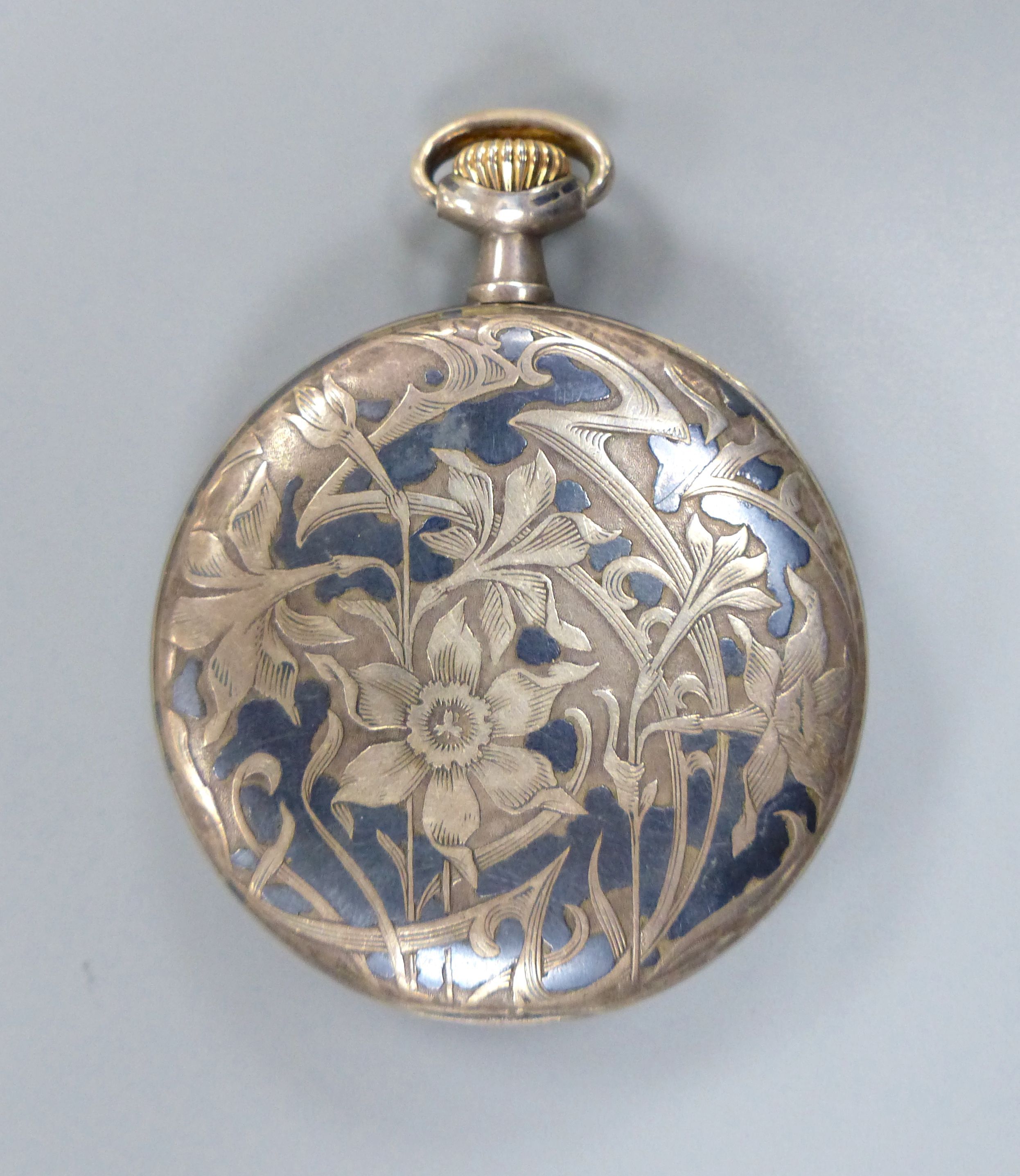 An early 20th century white metal and niello Omega open face keyless pocket watch, dial a.f.,